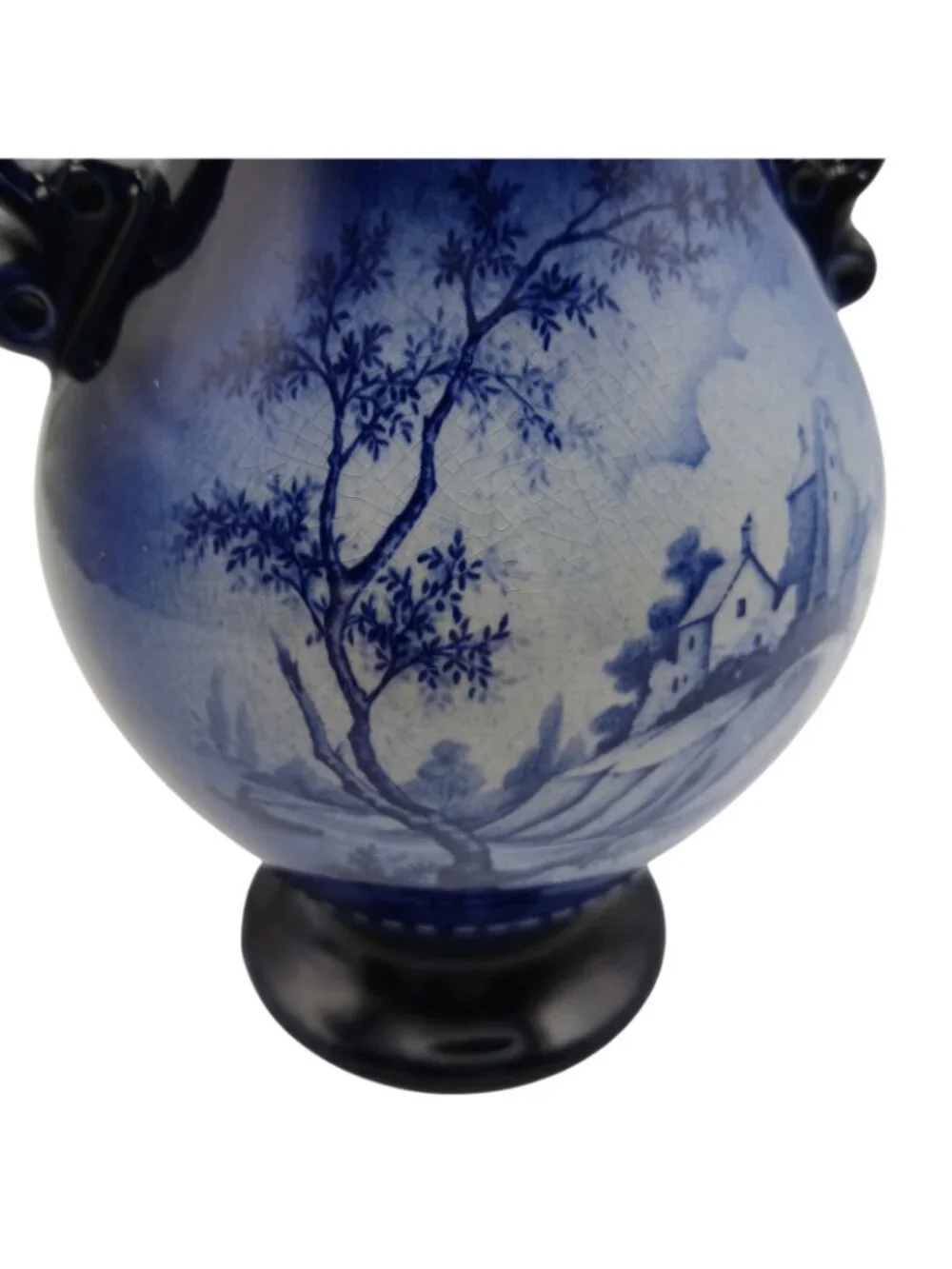Oldcourt Ware Staffordshire Blue Transferware Vase Double Handle Hand Painted 7.